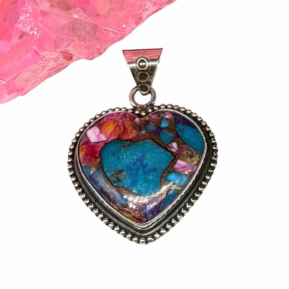 Jewelmazed Jewelry - Kingman Pink Dahlia Turquoise Heart Necklace Pendant Solid 925 Sterling Silver